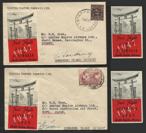 AUSTRALIA: Aerophilately & Flight Covers: 16 Dec. 1947 (AAMC.1128-1129a) Sydney - Japan and return, flown QANTAS covers, signed by the pilots (Morton and Harding) and each bearing the appropriate pictorial vignette created for these flights. Accompanied by an unused example of each vignette. (4 items). Cat.$500.