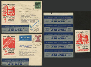 AUSTRALIA: Aerophilately & Flight Covers: INAUGURAL QANTAS "CONSTELLATION" SERVICE TO LONDON & RETURN: Dec.1947 (AAMC.1125a,b,c) Singapore - London and Calcutta - Sydney QANTAS flown intermediate covers, both signed by the pilots and bearing the relevant red, white and black vignettes created for these flights as well as the 25th Anniversary silver/blue vignette; accompanied by an unused example of the Sydney - London vignette and a complete pane of 5 of the 25th Anniversary vignettes. (4 items)