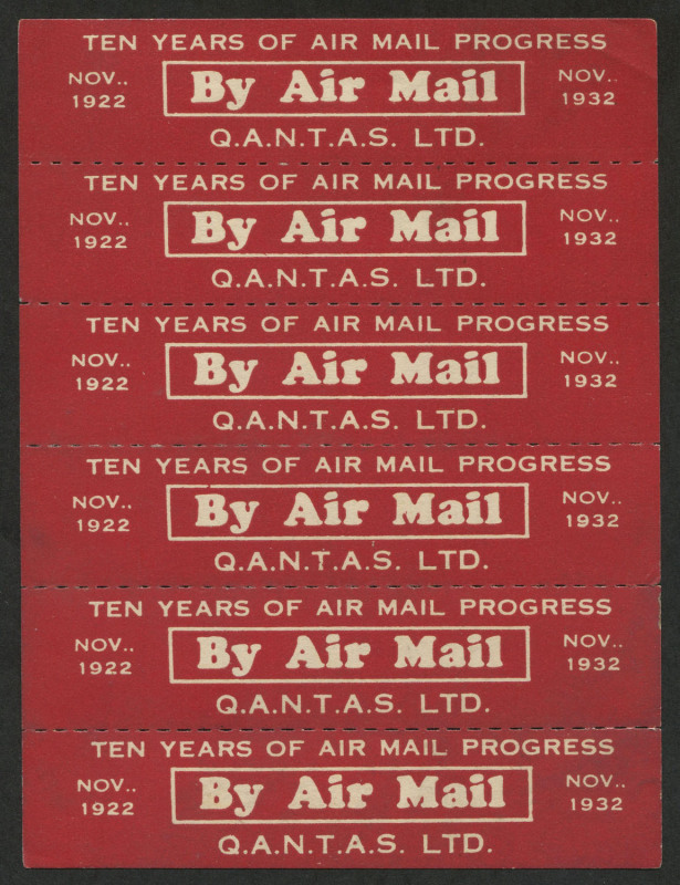 AUSTRALIA: Aerophilately & Flight Covers: 1 Nov.1932 (AAMC.294b) Qantas 'TEN YEARS OF AIR MAIL PROGRESS' white/red vignette, complete sheetlet of 6 (Frommer 39b,) unmounted, Cat $175. Superb.