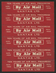 AUSTRALIA: Aerophilately & Flight Covers: 1 Nov.1932 (AAMC.294b) Qantas 'TEN YEARS OF AIR MAIL PROGRESS' white/red vignette, complete sheetlet of 6 (Frommer 39b,) unmounted, Cat $175. Superb.