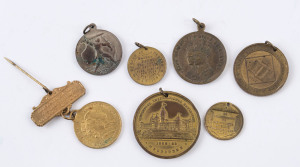 Coins & Banknotes: Medallions & Badges: Selection of mostly pierced medallions incl.1888-89 for Melbourne International Exhibition, 1897 United Sunday Schools, 1897 Jubilee, 1900 Baden-Powell Mafeking, 1937 Coronation & 1954 QEII Royal Visit, plus one oth