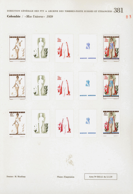 COLOMBIA: PROOFS: 1959 Miss Universe Issue: Courvoisiers' original colour trial printings for the 10c Postage, 1.20p Airmail & 5p Express Delivery stamps, all imperforate and affixed to the official Archival album pages [#380 & 381], dated '5/3/59' and sh