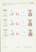 COLOMBIA: PROOFS: 1959 Miss Universe Issue: Courvoisiers' original colour trial printings for the 10c Postage, 1.20p Airmail & 5p Express Delivery stamps, all imperforate and affixed to the official Archival album pages [#380 & 381], dated '5/3/59' and sh - 2