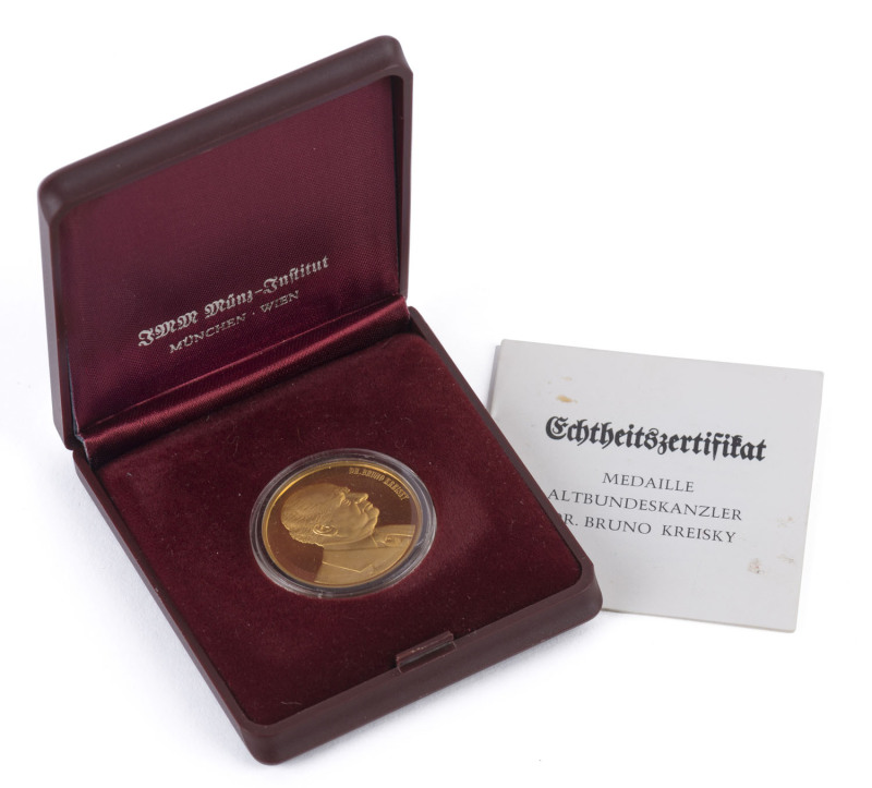 Coins - World: Gold: Austria: 1983 Dr Bruno Kreisky gold medallion, in presentation wallet, 7.59grams of 986/1000 Ducat fineness gold.