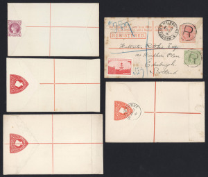 VICTORIA - Postal Stationery: Registration Envelopes: Selection with unused Naish 4d Size F (2) & G (light staining), 3d Shield Size F (4) & G (4); also 3d Shield Size G CTO (3) plus uprated postally used to Scotland (spotting, Carlton Gardens cinderella) or to New Zealand, couple of items with edge stains, few tones, majority are fine. (16 items).