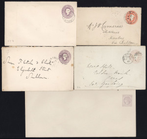 VICTORIA - Postal Stationery: Envelopes: selection with 2d Envelopes (13) comprising Naish size G and Naish Long Types (9) plus Embossed size G CTO (2) plus 1900 postally used from Caramut to Melbourne; also 1d Envelopes (16) incl. Embossed Size F PTPO for the Australian Forge & Engineering Co Williamstown (3) or for Barrow Brothers; also 1883 use size G Melbourne to Ceres (backstamped, rated 2R), are others mostly unused in various stocks/sizes; condition variable. (29 items)