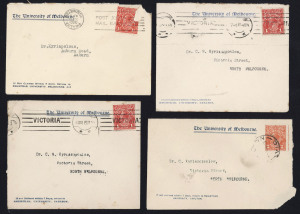 AUSTRALIA: Postal History: 1916-30 KGV Perf 'OS' issues on University of Melbourne (Carlton) covers to same addressee in Melbourne, comprising 1d Red Smooth Paper (3),1½d red (4) and 2d orange (3); also 'TWO PENCE' on 1½d used on Melbourne Fire Office cover; condition somewhat variable, minimum on-cover Cat. $500. (11 covers)