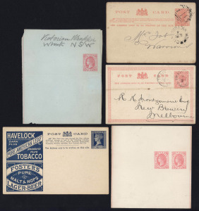VICTORIA - Postal Stationery: Selection with Postal Cards (100+) mostly unused in various stocks/sizes including "Beer & Baccy" (11) some used including 1902 use of 1d pink with printed advice for Lige Cocking & Co (Geelong) cancelled BN '716' & MURROON datestamp, few CTO; Lettercards 2d (6, five CTO), 1d (4, one CTO) & 'One Penny' on 2d unused; Wrappers (35) mostly unused incl. PTPO ½d+½d pink and ½d pink with 'NSW' watermark; plus a few miscellaneous items incl. telegram envelopes; condition v