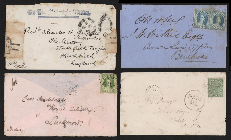 QUEENSLAND - Postal History: 1866-89 cover selection comprising 1866 (Apr.6) to Brisbane with 2d Chalon pair tied by Rays '214' (Toowoomba) paying double the 2d inland letter rate, TOOWOOMBA & BRISBANE backstamps; 1866 (Jul.9) Maryvale to Lucknow (India)