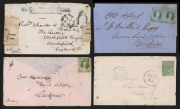 QUEENSLAND - Postal History: 1866-89 cover selection comprising 1866 (Apr.6) to Brisbane with 2d Chalon pair tied by Rays '214' (Toowoomba) paying double the 2d inland letter rate, TOOWOOMBA & BRISBANE backstamps; 1866 (Jul.9) Maryvale to Lucknow (India)