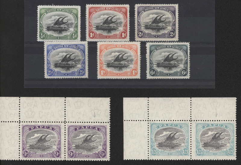 1901-1930s mint selection with BNG Horizontal Wmk ½d to 2½d & 6d plus Vertical Wmk 1/-, 1932 9d & 1/3d positional pairs (toned gum) [1-2] each with "Scratch in Sky" [Pos 2], also New Guinea Undated Birds Airs ½d to £1 set mounted on album page plus unissu