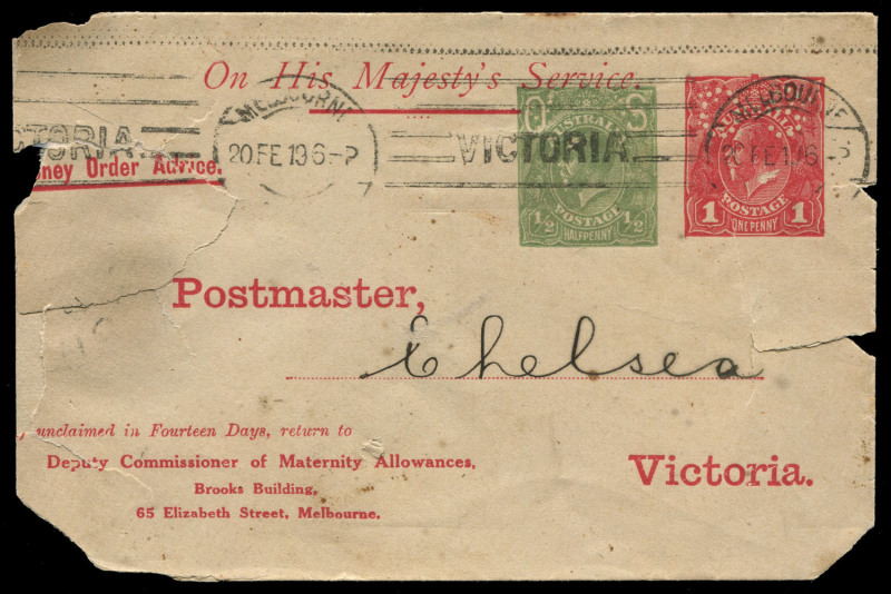 AUSTRALIA: Postal Stationery: Envelopes - Official: 1918 1d Red ('OS'-of-Dots)+ ½d Green (solid 'OS') Sideface BW. EO5 for user Deputy Commissioner of Maternity Allowances, used locally from Melbourne to Chelsea, somewhat brittle with several tears/repair