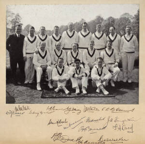 1938 AUSTRALIAN TEAM: Team photograph, with 16 signatures on mount, including Don Bradman, W.Jeanes (manager), Merv Waite, Sidney Barnes (scarce), Bill Brown, Bill O'Reilly, Ted White, Ern McCormick, Stan McCabe, Fleetwood-Smith, Jack Fingleton, Ben Barne