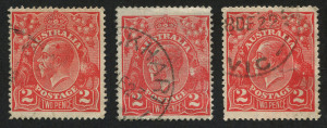 AUSTRALIA: KGV Heads - Single Watermark: 2d Red varieties on stockcards incl. "White flaw on emu's body" BW 97(16)u (Cat $200); flaws are usually identified on reverse of the stockcards, some duplication, generally fine (24)