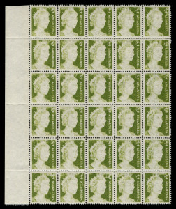 AUSTRALIA: Decimal Issues: 1966-71 (SG.393) QEII 2c olive-green marginal block of 30 (5x6) all units with "Complete and strong offset", fresh MUH, BW:437c - Cat $3000+. Rare multiple.