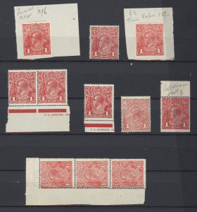 1913-50s mostly mint assortment in stockbook with 1d red Engraved (72) incl. multiples, KGV Heads mint to 5d on 4½d incl. Smooth 1d red pair & single each with part Harrison imprints, Rough Paper 1d red Inverted Wmk & 1d red "Thin Penny" retouch, SMult 4½d P14 pair, few Roos mostly used incl. Third Wmk 2/- on piece (2) , KGV/KGVI mint multiples, Robes Thick Paper used (2); also Queensland 1897-98 zig-zag roulette 1d SG 259 sheet split into 3 large blocks (toning), etc.