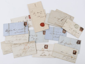 GREAT BRITAIN - Postal History: 1820s-60s postal history array with 1820s-30s pre-stamp entires (10), eight from London to Merthyr Tydfil (Wales), three with 1829 Crown Free handstamps in red, 1d red imperf covers (5, four to Merthyr) including 1851 with ABERGAVENNY, PONYPOOL & MERTHYR TYDFIL datestamps in blue, plus three perforated 1d red covers incl 1856 with SPALDING departure and ALFRETON arrival datestamps in green; condition variable. (18 items)