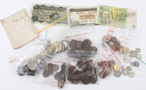 Coins & Banknotes: Australia - Miscellaneous: Assortment incl. with 1938 Crown, various florins (11), 1/- (4) 6d (9), 3d (9) 50c Rounds (2); also 1887 Sandhurst Jubilee medallion (tarnished), some British & foreign coins, plus quantity of minors in coin bags, small quantity of gold leaf in envelope, and well-circulated Riddle/Sheehan & Coombs/Wilson 10/- banknotes. (100s)