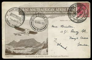 SOUTH AFRICA - Aerophilately & Flight Covers: 1911 (30 Dec) 'FIRST SOUTH AFRICAN AERIAL POST' illustrated (monoplane over Table Mountain) Kenilworth-Muizenburg second flight postcard, addressed to UK with KEVII 1d tied by 'FIRST SOUTH AFRICAN/KENILWORTH/