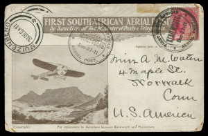 SOUTH AFRICA - Aerophilately & Flight Covers: 1911 (27 Dec) 'FIRST SOUTH AFRICAN AERIAL POST' illustrated (monoplane over Table Mountain) Kenilworth-Muizenburg first flight postcard, addressed to USA with KEVII 1d tied by 'FIRST SOUTH AFRICAN/KENILWORTH/