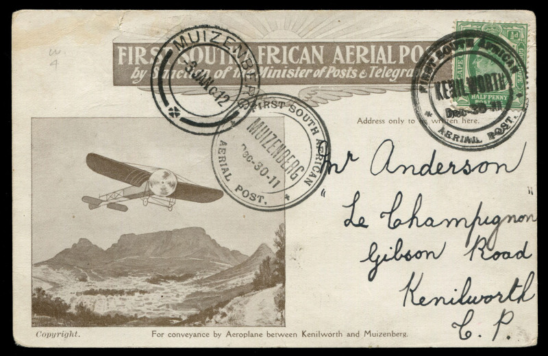 SOUTH AFRICA - Aerophilately & Flight Covers: 1911 (30 Dec) 'FIRST SOUTH AFRICAN AERIAL POST' illustrated (monoplane over Table Mountain) Kenilworth-Muizenburg second flight postcard, addressed to Kenilworth with KEVII ½d tied by 'FIRST SOUTH AFRICAN/KEN