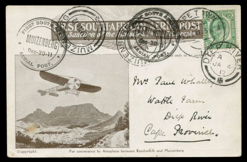 SOUTH AFRICA - Aerophilately & Flight Covers: 1911 (30 Dec) 'FIRST SOUTH AFRICAN AERIAL POST' illustrated (monoplane over Table Mountain) Kenilworth-Muizenburg second flight postcard, addressed to Deep River, Cape Province with KEVII ½d tied by CAPE TOWN