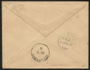 INDIA - Aerophilately & Flight Covers: 1911 (Feb. 18) cover with KEVII 1a tied by largely very fine strike of 'FIRST AERIAL POST/[plane]/1911 U.P. EXHIBITION/ALLAHABAD' 40mm cachet in rose-red, on reverse 'ALLAHABAD/18FE/11' & 'BOMBAY/20FE11' datestamps. - 2