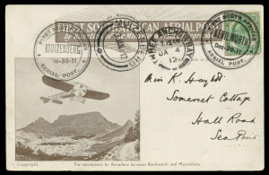 SOUTH AFRICA - Aerophilately & Flight Covers: 1911 (30 Dec) 'FIRST SOUTH AFRICAN AERIAL POST' illustrated (monoplane over Table Mountain) Kenilworth-Muizenburg second flight postcard, addressed to Sea Point with KEVII ½d tied by 'FIRST SOUTH AFRICAN/KENI