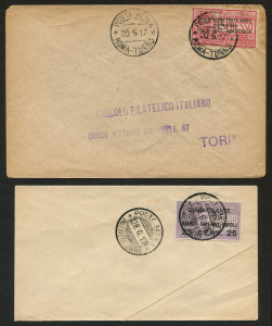 ITALY: Flight Covers: 1917 (May 20) Roma-Torino flight cover with overprinted 25c Mi.126 (the world's first stamp issued for an airmail flight) tied by POSTA AEREA/20.5.17/ROMA TORINO' datestamp; also 1917 (Jun. 28) flight cover with overprinted 25c on 40c Mi.127 tied by POSTA AEREA/28.6.17/PALERMO CONTINENTE' datestamp; the latter unaddressed. (2 covers)