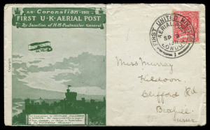 1911 (Sept. 9) Great Britain Coronation Aerial Mail illustrated PPCs (2) in red-brown & greenish-black and Envelopes (3) in purple brown, pinkish red & deep green (small tear) franked with KGV ½d singles (2)