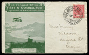 1911 (Sept. 9) Great Britain Coronation Aerial Mail illustrated PPCs (2) in red-brown & greenish-black and Envelopes (3) in purple brown, pinkish red & deep green (small tear) franked with KGV &frac12;d singles (2)...