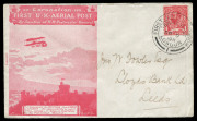 1911 (Sept. 9) Great Britain Coronation Aerial Mail illustrated PPCs (2) in red-brown & greenish-black and Envelopes (3) in purple brown, pinkish red & deep green (small tear) franked with KGV ½d singles (2)... - 2