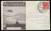 1911 (Sept. 9) Great Britain Coronation Aerial Mail illustrated PPCs (2) in red-brown & greenish-black and Envelopes (3) in purple brown, pinkish red & deep green (small tear) franked with KGV &frac12;d singles (2)... - 3