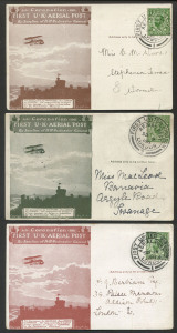 GREAT BRITAIN - Aerophilately & Flight Covers: 1911 Great Britain Coronation Aerial Mail illustrated PPCs (3) in red-brown, brown or greenish-black all franked with KGV ½d singles tied by 'FIRST UNITED KINGDOM/AERIAL POST/LONDON/1' (2, 'SP13/1911' & 'SP14'/1911 datestamps ) or 'FIRST UNITED KINGDOM/AERIAL POST/LONDON/2' (SP9/1911 datestamp); all sent to United Kingdom addresses, fine condition.