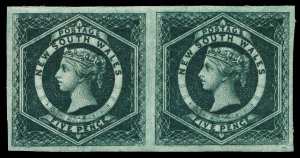 NEW SOUTH WALES: 1882-97 (SG.233e) Wmk Crown/NSW 5d Large Diadem IMPERFORATE PAIR, full light mounted gum; also 5d P11 sheet edge example with marginal sheet watermark and spectacular "Pre-printing paper fold" used, plus 5d 12x11 mint pair with evidence of "Kiss print/overinking" with slight doubling of frameline at top at the centre and right side unit with "Line through 'S' of 'SOUTH' extending to frameline at top; imperf perf alone Cat £475. (3 items)