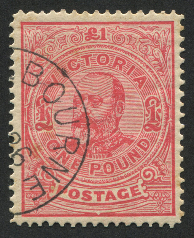 VICTORIA: 1901-10 (SG.399) Wmk V/Crown (Sideways) £1 carmine-rose P12½. Melbourne CTO datestamp, full mounted gum, Cat £130 (BW: V125x, Cat. $200).