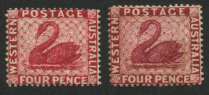 WESTERN AUSTRALIA: 1882-85 (SG.78 & 78w) 4d carmine (2, shades) one example "Wmk crown to the right of CA", darker shade without gum, Cat £380. (2)