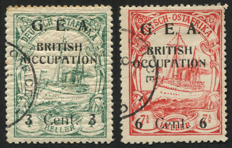 GERMAN COLONIES: German East Africa: 1918 bogus "Karissimbi Provisionals" Yacht issues, comprising "used" examples of 3c on 4c and 6c on 7½c, the former with full gum. Seldom offered. (2).