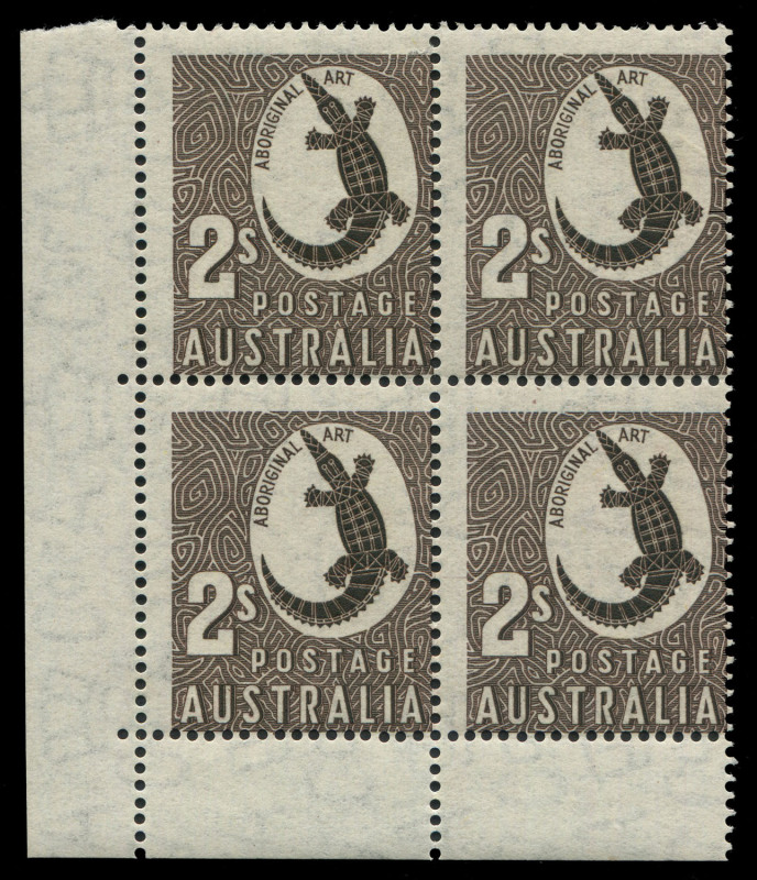 AUSTRALIA: Other Pre-Decimals: 1948-56 (SG.224) Wmk Multiple Crown/CofA 2/- Crocodile THIN PAPER "No Imprint left corner block of 4", fresh MUH, BW: 263a,ze, extrapolated Cat. $1500+.