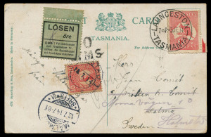 TASMANIA - Postal History: 1914 (June 3) PPC (Post Office & Cameron St, Launceston) to Sweden franked with 1d Roo underpaying the 1½d rate, taxed on arrival with Losen "8" ore label added, MALMO arrival datestamp beneath, redirected with 10ore stamp added tied by HALMSTAD datestamp on arrival.