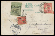 TASMANIA - Postal History: 1914 (June 3) PPC (Post Office & Cameron St, Launceston) to Sweden franked with 1d Roo underpaying the 1&frac12;d rate, taxed on arrival with Losen "8" ore label added, MALMO arrival datestamp beneath, redirected with 10ore stamp added
