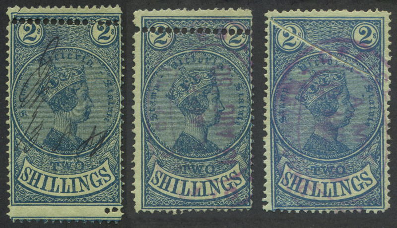 VICTORIA: 1884 (SG.216) Wmk '2' Upright (inverted) 2/- Stamp Statute with impressive "Pre-printing paper fold", seldom seen on Statute series; also Wmk '2' Sideways 2/- (2) both with dubious looking "Double perfs"; all fiscally used.