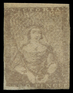 VICTORIA: 1850 (SG.13) Ham Printings 3rd State 'Vertical Drapes' 2d drab Half-Length unused (regummed), BPA Certificate (2014) confirms extensive repairs (lower-left corner). Presents well, Cat. £8,500 (when fine).