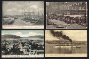 WORLD - Picture PostcardsOverseas Selection: predominantly used with New Zealand (33): incl. c.1906 Christchurch Exhibition souvenir cards (3), town scenes incl. "Heretaunga Street, Hastings", "Gladstone Rd, Gisborne", "Napier from Colenso Hill", "Dunedin and Harbour", also Jones & Coleman 1906 "R.J. Seddon's Funeral", "Harbour Scene, Auckland" (sailing ships) & "H.M.S. Powerful, Auckland Harbour"; Great Britain (16) incl. real-photo "Polly Nathan's Fishshop, Petticoat Lane", London horse & cart