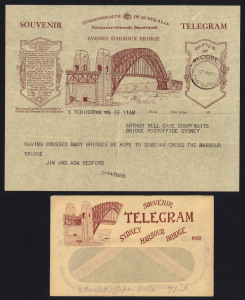 AUSTRALIA: Postal Stationery: TELEGRAPH FORMS: Collection of predominantly 1930s forms including 1932 Harbour Bridge with S.E. PYLON '19MR32' datestamp plus uncancelled window envelope; other mostly unused incl. Birthday, Congratulations, Mothers' Day, Birthday, Easter, Christmas & New Year Greetings, Anzac Day, 1934-35 Victorian Centenary, 1938 Australia 150th Anniversary (+ envelope); generally very fine.