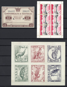 AUSTRALIA: Cinderellas: Collection in two large & one small stockbook with "Stamp News" beer duty & 'PALS' facsimiles, Unadopted Essays souvenir sheets, stamp show emissions, "Comet" transport labels, various other parcels labels and post office stationery, plus a smattering of genuine postage stamps. (100s)