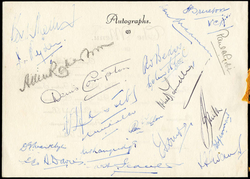 1946-47 ENGLAND TOUR TO AUSTRALIA: Dinner menu in honour of 1946-47 England Ashes Team, with 21 signatures including Don Bradman, Lindsay Hassett, Keith Miller, Norman Yardley, Denis Compton & Alec Bedser. Ex Fred Freer collection.