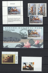 AUSTRALIA: Cinderellas: DUCK STAMPS: Accumulation in stockbook with Wetland Conservation issues to $10 & $15, with imperforates, black prints, overprints incl. 'SPECIMEN' multiples, M/Ss & Sheetlets incl. stamp show overprints; also Koala Research issues to $3 and $6 with numerous M/Ss, plus Royal Flying Doctor Service multiples/sheetlets with values to $7.50; generally very fine. Good lot. (100s)