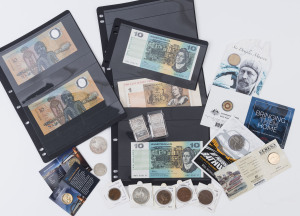 Coins & Banknotes: Australia - Miscellaneous: Accumulation with Banknotes: 1988 First Polymer $10 (2) 'AB20' & AB38' prefixes 1991 Fraser Cole $10 (2) serial nos 'MQG' & 'MQK' '000151', 1984 Last Series $1 with 'DPR' prefix, plus gold leaf replica banknot