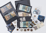 Coins & Banknotes: Australia - Miscellaneous: Accumulation with Banknotes: 1988 First Polymer $10 (2) 'AB20' & AB38' prefixes 1991 Fraser Cole $10 (2) serial nos 'MQG' & 'MQK' '000151', 1984 Last Series $1 with 'DPR' prefix, plus gold leaf replica banknot